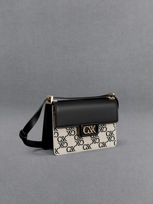 Women Mini Cerys Leather and Canvas Monogram Shoulder Bag 8211 Black CHARLES and KEITH Shoulder Bags