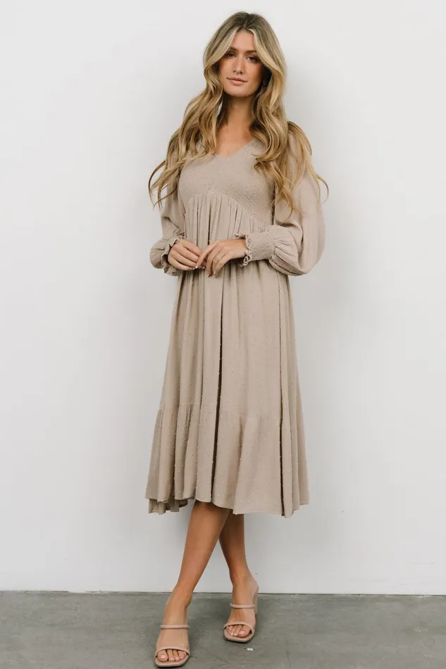 Women Mother Of The Bride Baltic Born Lainey Smocked Dotted Midi Dress Beige