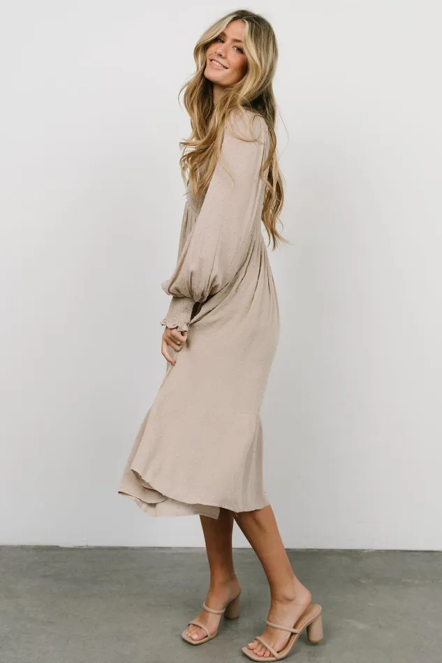 Women Mother Of The Bride Baltic Born Lainey Smocked Dotted Midi Dress Beige