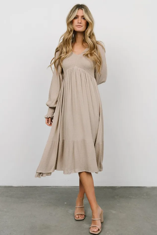 Women Mother Of The Bride Baltic Born Lainey Smocked Dotted Midi Dress Beige