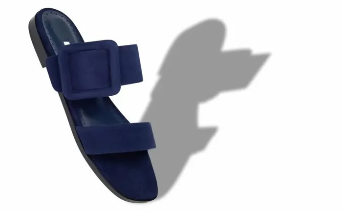 Women Navy Blue Suede Flat Sandals Manolo Blahnik Flats