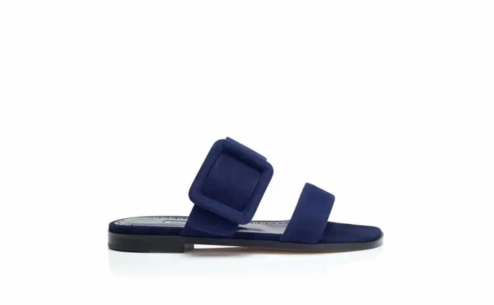 Women Navy Blue Suede Flat Sandals Manolo Blahnik Flats