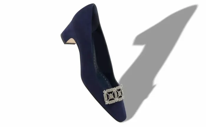 Women Navy Blue Suede Jewel Embellished Pumps Manolo Blahnik Pumps