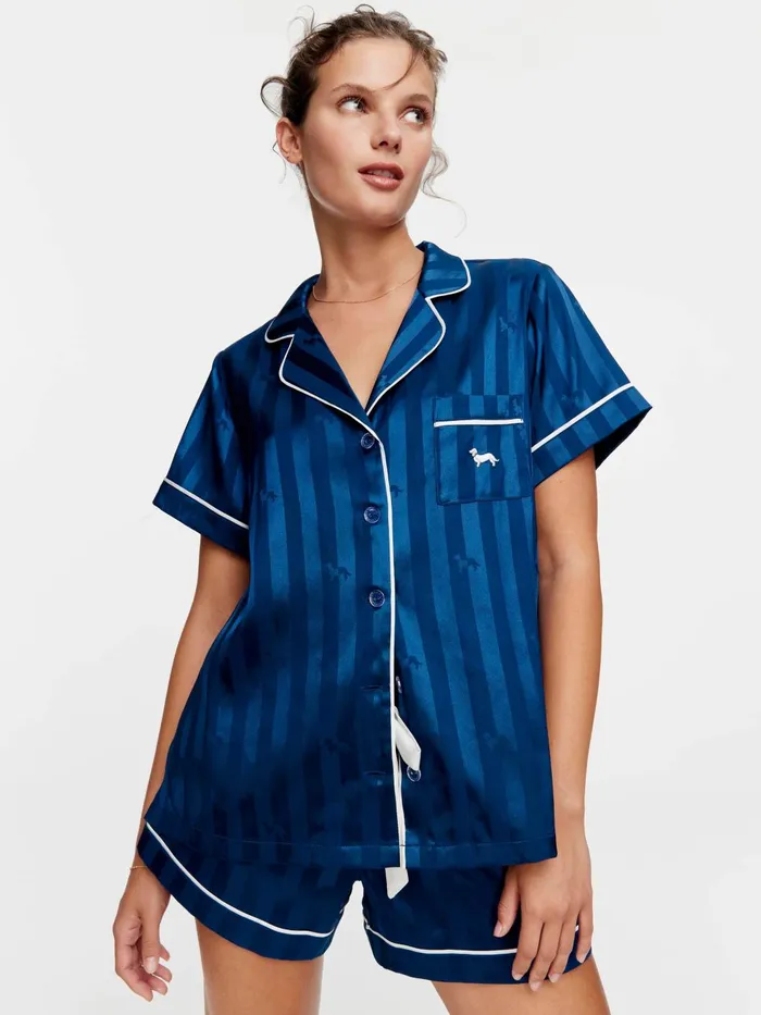 Women Navy Penny Chic Satin Stripe Pj Set Navy Peter Alexander Sets and Onesies