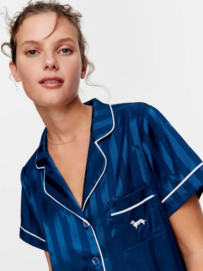 Women Navy Penny Chic Satin Stripe Pj Set Navy Peter Alexander Sets and Onesies