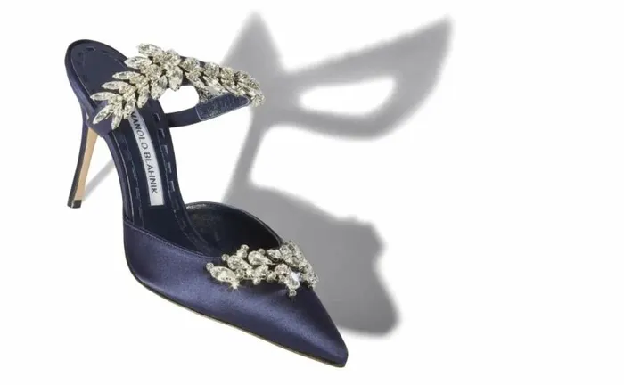 Women Navy Satin Crystal Embellished Mules Manolo Blahnik Mules