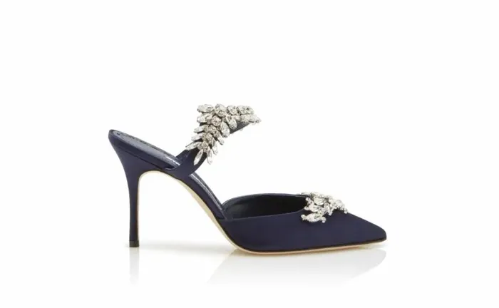 Women Navy Satin Crystal Embellished Mules Manolo Blahnik Mules