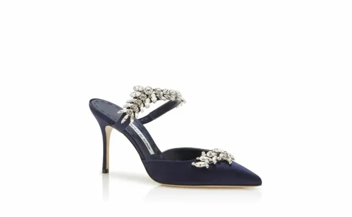 Women Navy Satin Crystal Embellished Mules Manolo Blahnik Mules