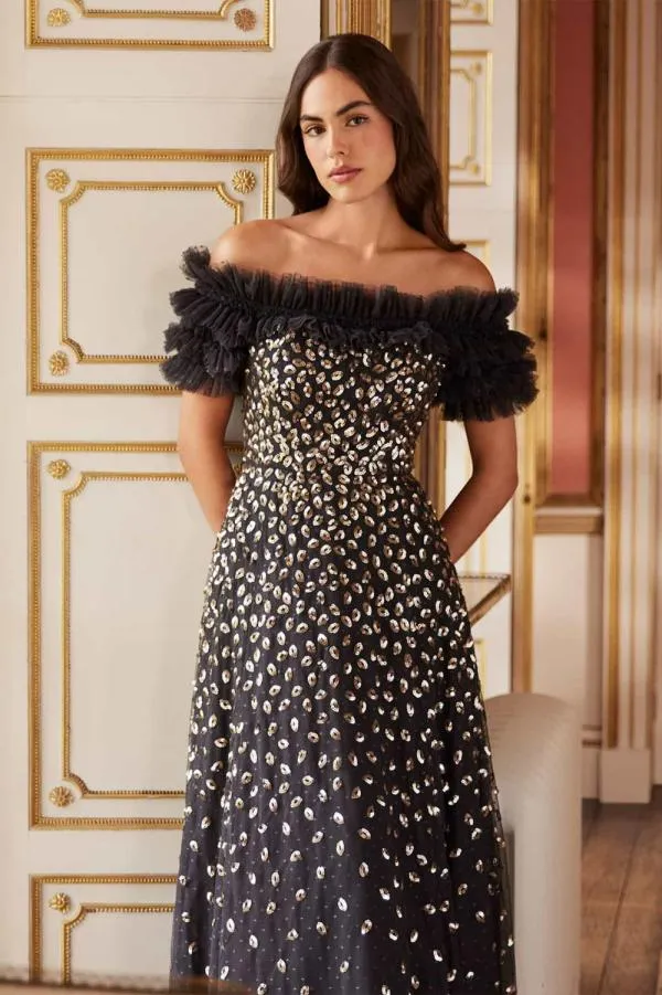Women Needle and Thread Autumn Leaves OffShoulder Ballerina Dress Black