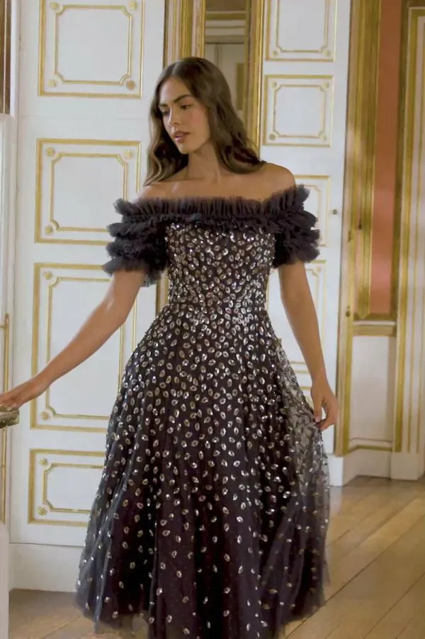 Women Needle and Thread Autumn Leaves OffShoulder Ballerina Dress Black