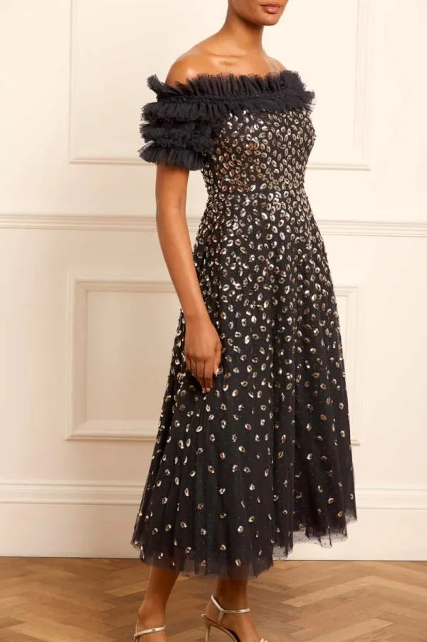 Women Needle and Thread Autumn Leaves OffShoulder Ballerina Dress Black