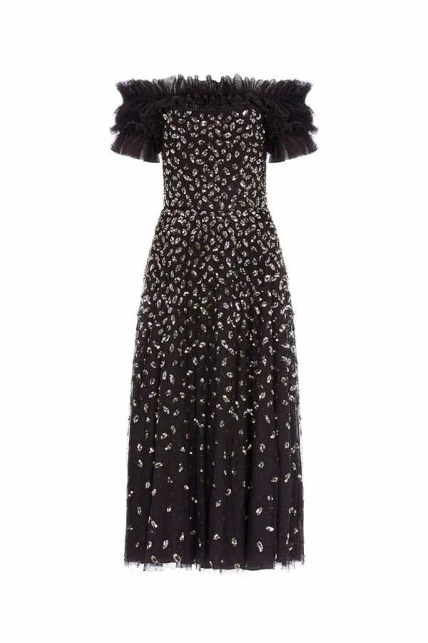 Women Needle and Thread Autumn Leaves OffShoulder Ballerina Dress Black