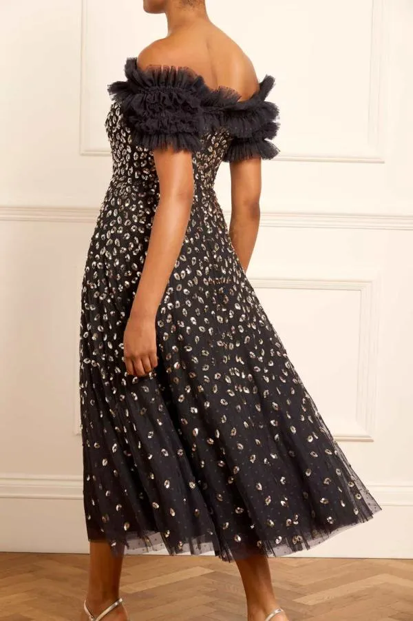 Women Needle and Thread Autumn Leaves OffShoulder Ballerina Dress Black
