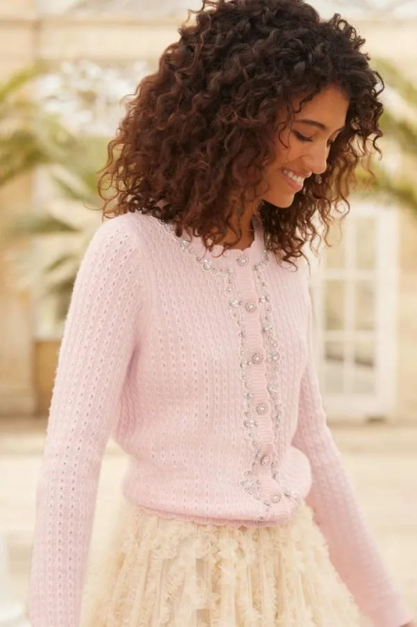 Women Needle and Thread Crystal Border Short Cardigan Pink