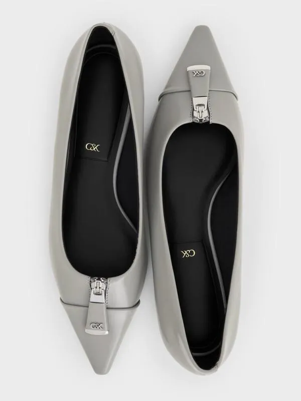 Women Nina Leather Pointed CapToe Flats 8211 Grey CHARLES and KEITH Flats