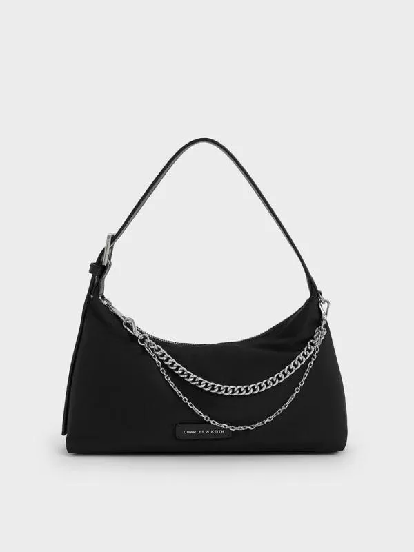 Women Nylon ChainLink Trapeze Shoulder Bag 8211 Noir CHARLES and KEITH Shoulder Bags
