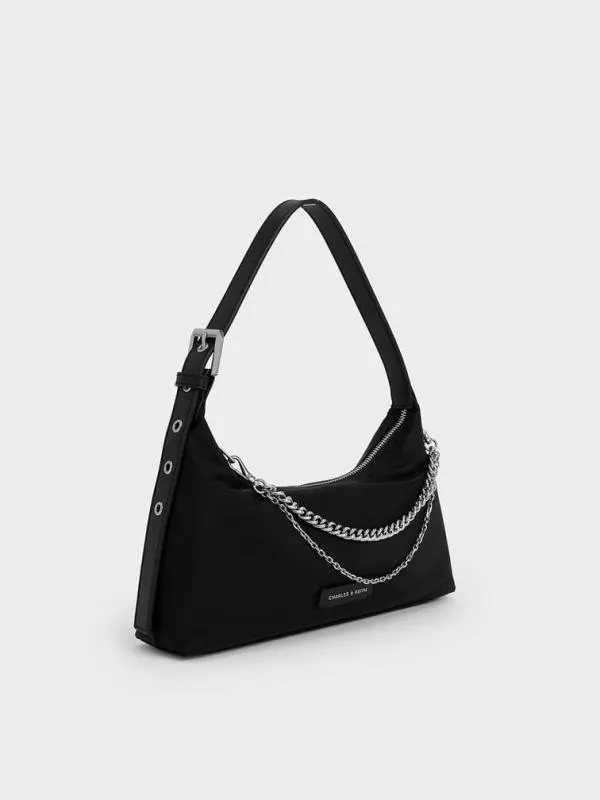 Women Nylon ChainLink Trapeze Shoulder Bag 8211 Noir CHARLES and KEITH Shoulder Bags