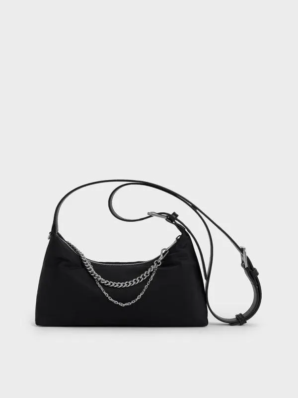 Women Nylon ChainLink Trapeze Shoulder Bag 8211 Noir CHARLES and KEITH Shoulder Bags