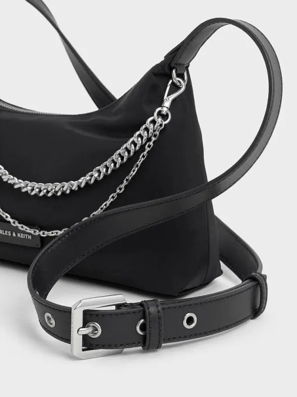 Women Nylon ChainLink Trapeze Shoulder Bag 8211 Noir CHARLES and KEITH Shoulder Bags