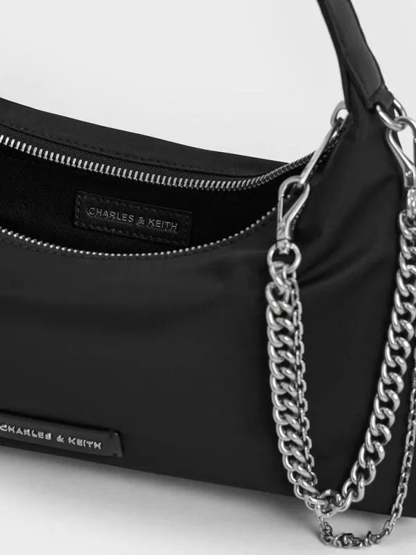 Women Nylon ChainLink Trapeze Shoulder Bag 8211 Noir CHARLES and KEITH Shoulder Bags