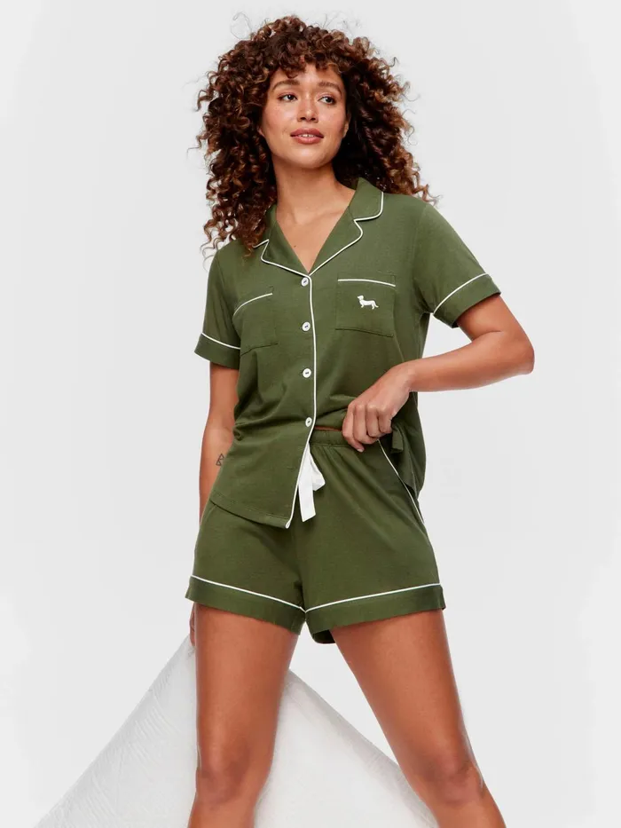 Women Olive Bamboo Shortie Pj Set Green Peter Alexander Sets and Onesies
