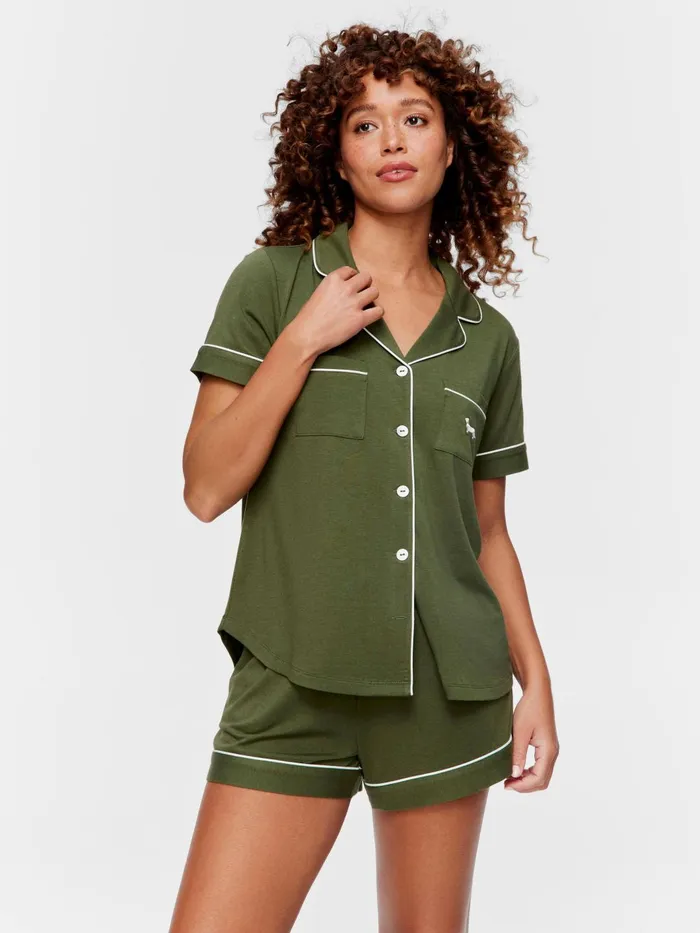 Women Olive Bamboo Shortie Pj Set Green Peter Alexander Sets and Onesies