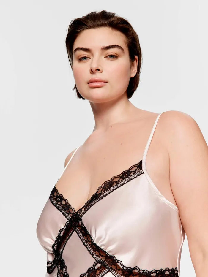 Women PA Plus Lace Trim Satin Cami Slip Pink Peter Alexander Satin