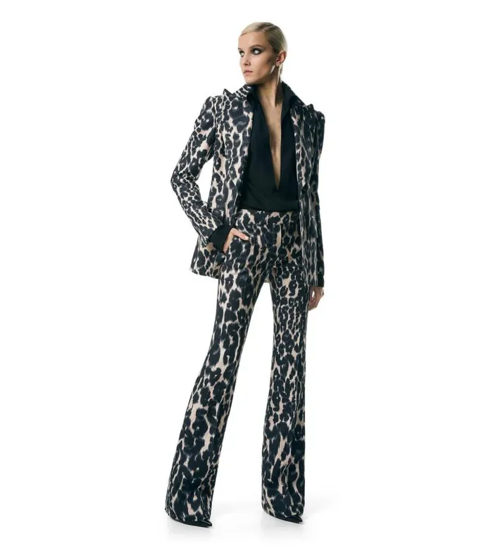 Women Pants and Shorts Tom Ford Leopard Printed Hopsack Flared Pants Chalk and Black Women Pants and Shorts Tom Ford Leopard Printed Hopsack Flared Pants Chalk and Black