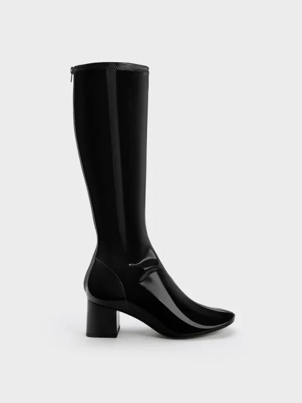 Women Patent Block Heel Knee Boots 8211 Black Patent CHARLES and KEITH Boots