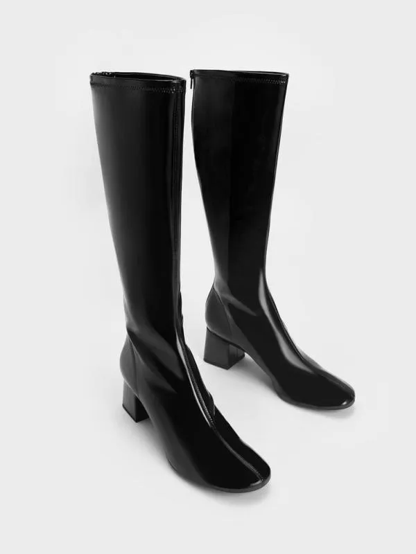 Women Patent Block Heel Knee Boots 8211 Black Patent CHARLES and KEITH Boots