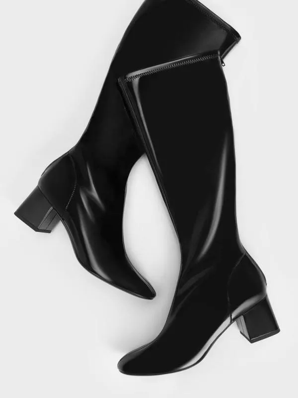 Women Patent Block Heel Knee Boots 8211 Black Patent CHARLES and KEITH Boots