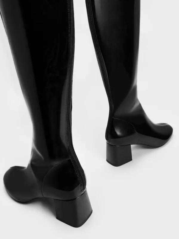 Women Patent Block Heel Knee Boots 8211 Black Patent CHARLES and KEITH Boots