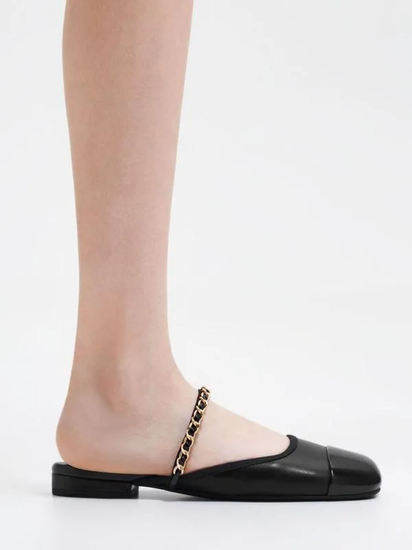 Women Patent ChainStrap Mules 8211 Black CHARLES and KEITH Flats