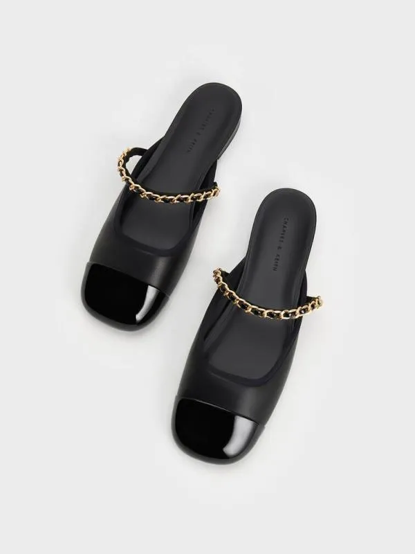 Women Patent ChainStrap Mules 8211 Black CHARLES and KEITH Flats