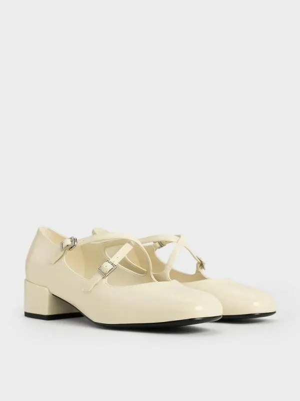Women Patent CrossoverStrap BlockHeel Mary Janes 8211 Chalk CHARLES and KEITH Pumps
