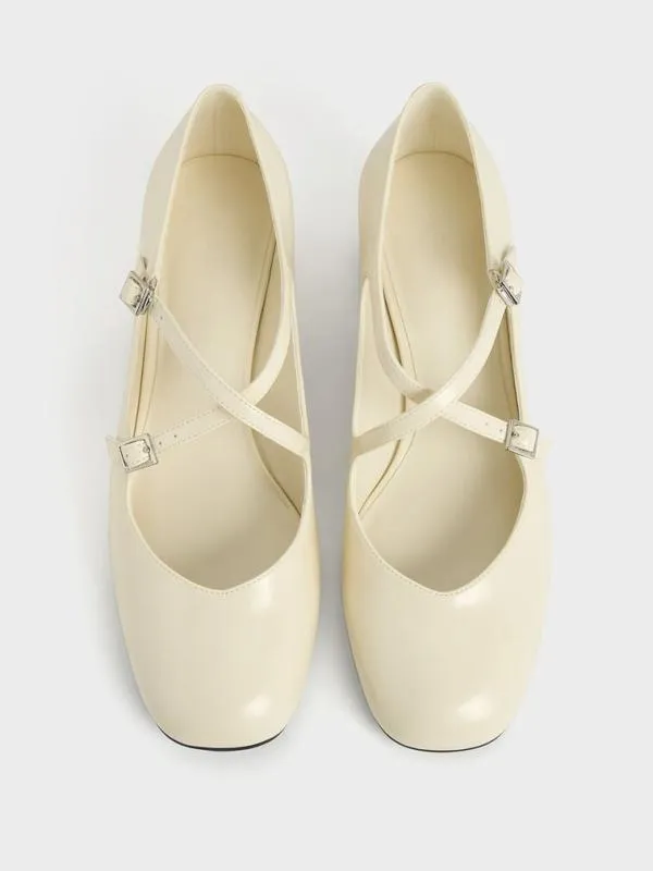 Women Patent CrossoverStrap BlockHeel Mary Janes 8211 Chalk CHARLES and KEITH Pumps