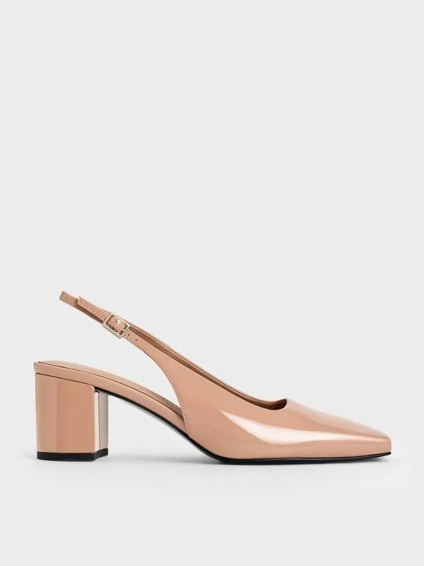 Women Patent SquareToe Slingback Pumps 8211 Nude CHARLES and KEITH Heels