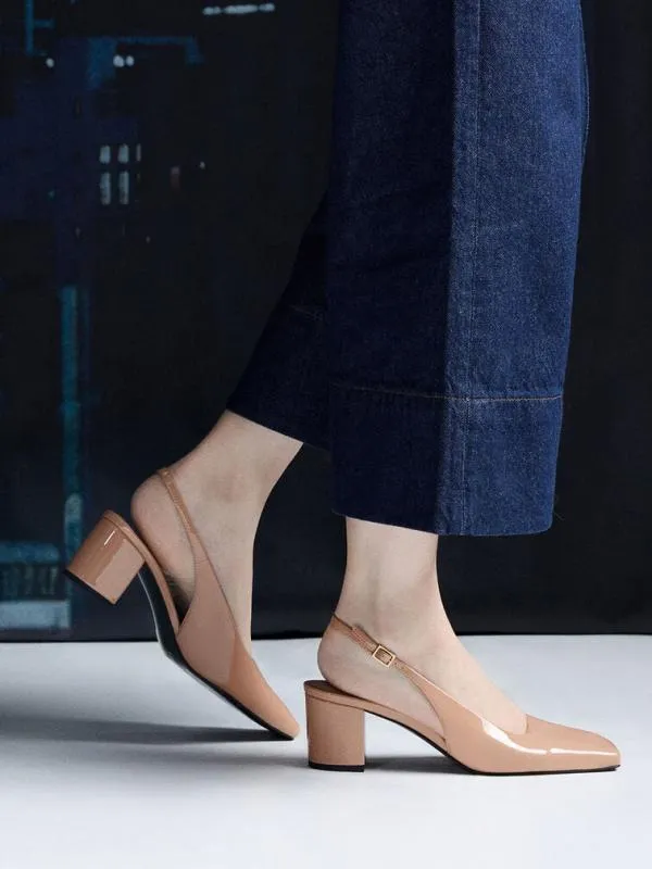 Women Patent SquareToe Slingback Pumps 8211 Nude CHARLES and KEITH Heels