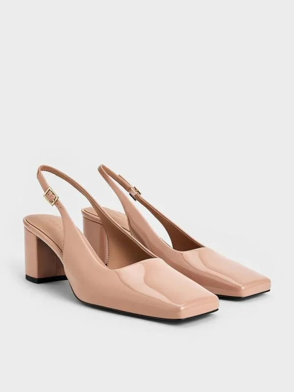 Women Patent SquareToe Slingback Pumps 8211 Nude CHARLES and KEITH Heels