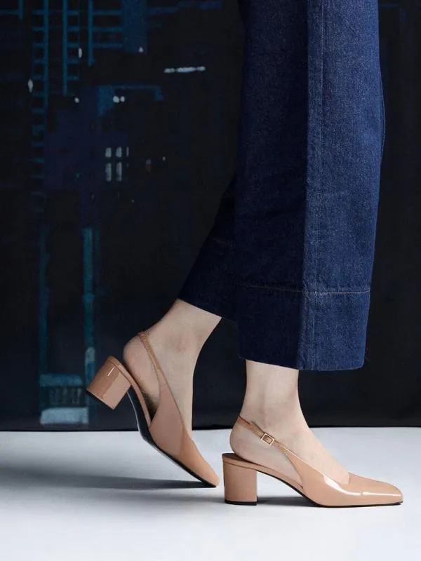 Women Patent SquareToe Slingback Pumps 8211 Nude CHARLES and KEITH Heels