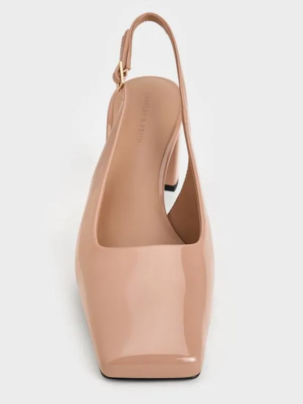 Women Patent SquareToe Slingback Pumps 8211 Nude CHARLES and KEITH Heels
