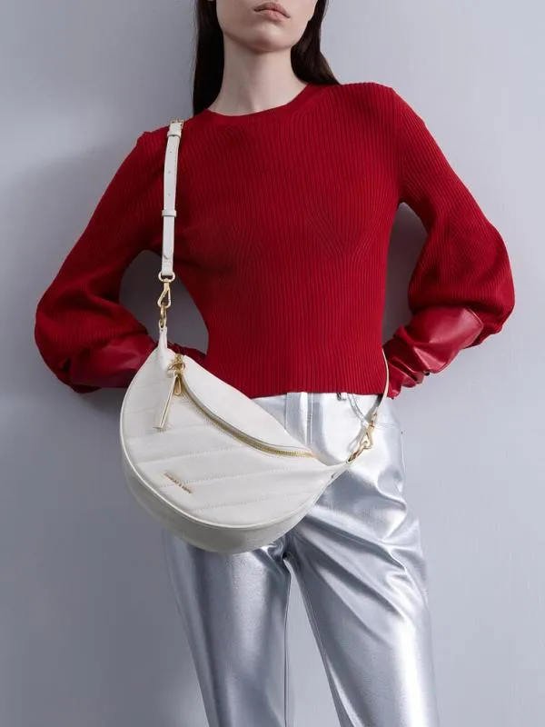 Women Philomena CrinkleEffect HalfMoon Crossbody Bag 8211 Cream CHARLES and KEITH Crossbody Bags
