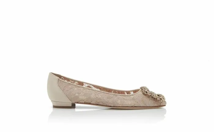 Women Pink Champagne Lace Jewel Buckle Flat Pumps Manolo Blahnik Flats
