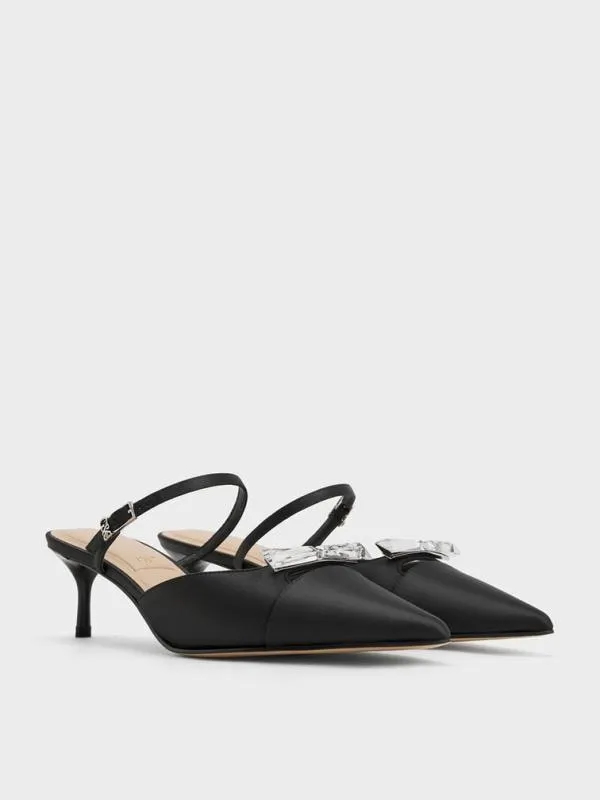Women Recycled Polyester Bow KittenHeel Mules 8211 Black Textured CHARLES and KEITH Heels