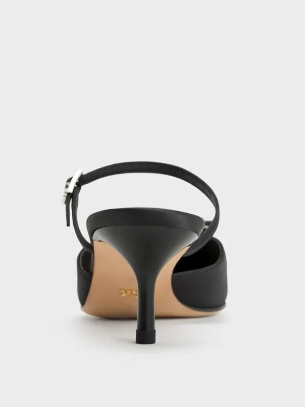 Women Recycled Polyester Bow KittenHeel Mules 8211 Black Textured CHARLES and KEITH Heels