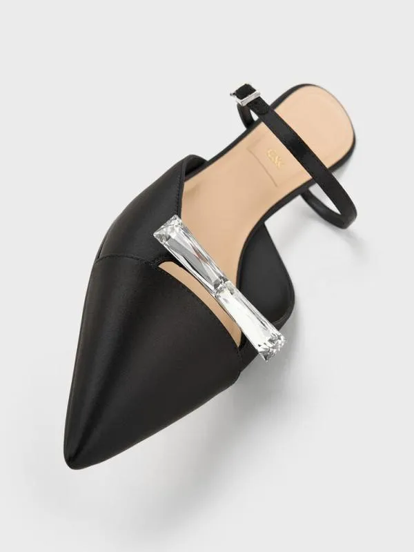 Women Recycled Polyester Bow KittenHeel Mules 8211 Black Textured CHARLES and KEITH Heels