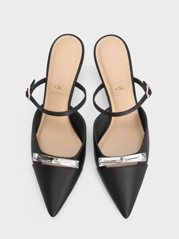 Women Recycled Polyester Bow KittenHeel Mules 8211 Black Textured CHARLES and KEITH Heels