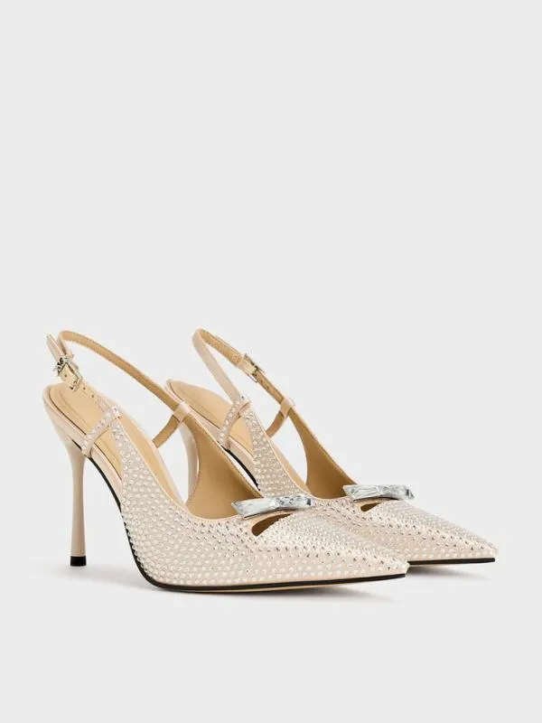 Women Recycled Polyester CrystalEmbellished Bow Slingback Pumps 8211 Sand CHARLES and KEITH Heels