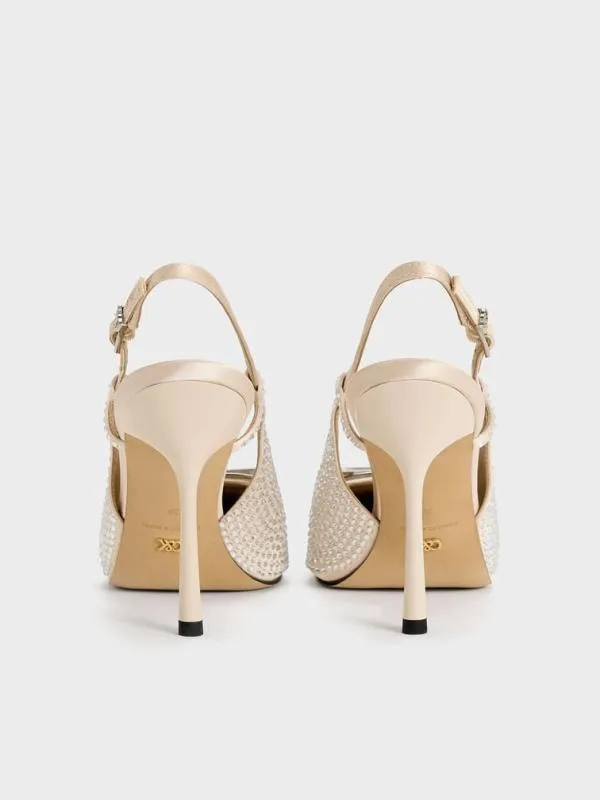 Women Recycled Polyester CrystalEmbellished Bow Slingback Pumps 8211 Sand CHARLES and KEITH Heels