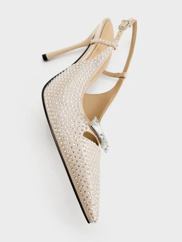 Women Recycled Polyester CrystalEmbellished Bow Slingback Pumps 8211 Sand CHARLES and KEITH Heels